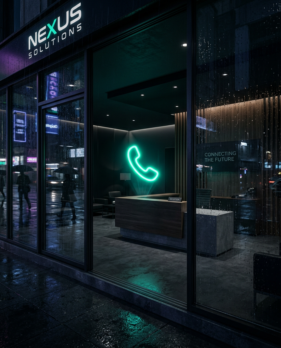 Modern storefront reception at night with a glowing phone sign