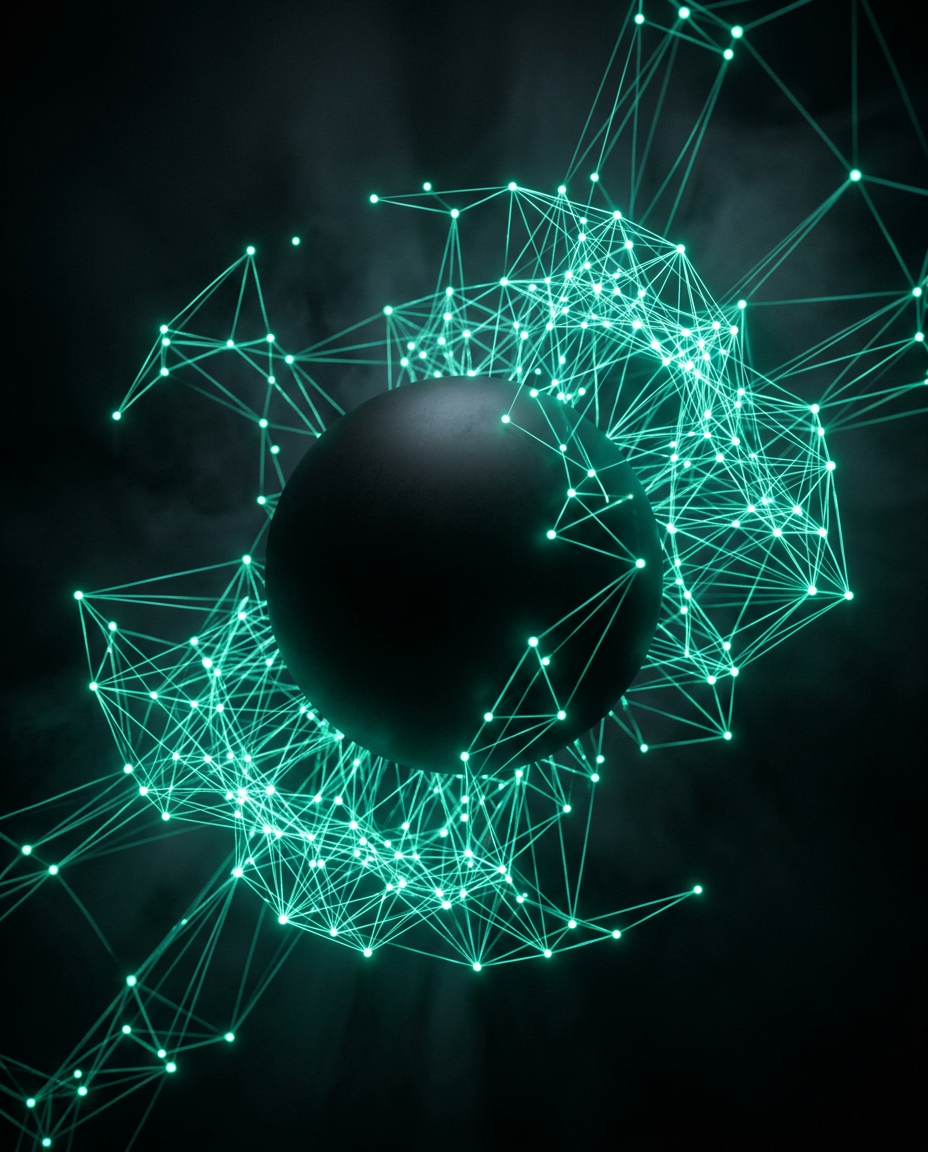 Neural network of glowing nodes around a dark sphere