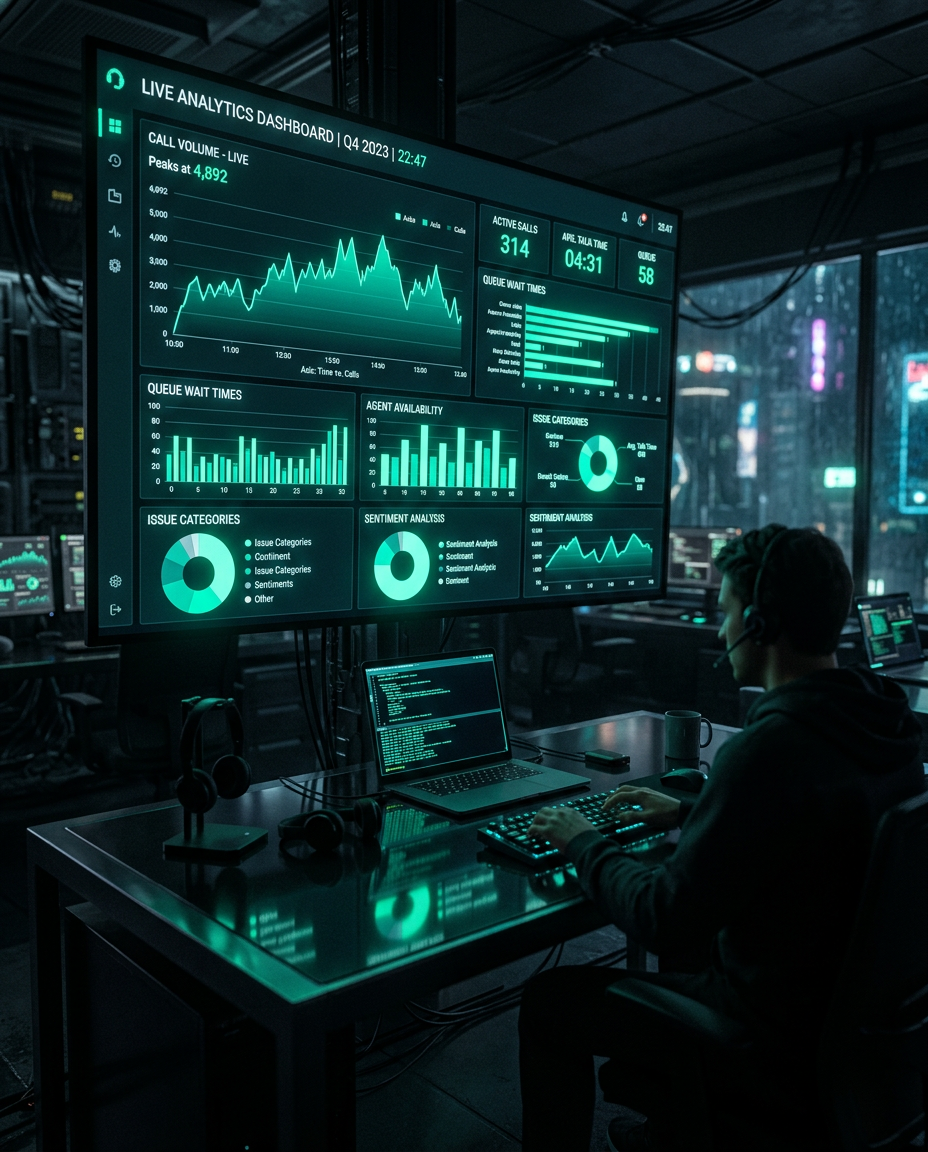 Live call analytics dashboard with neon charts
