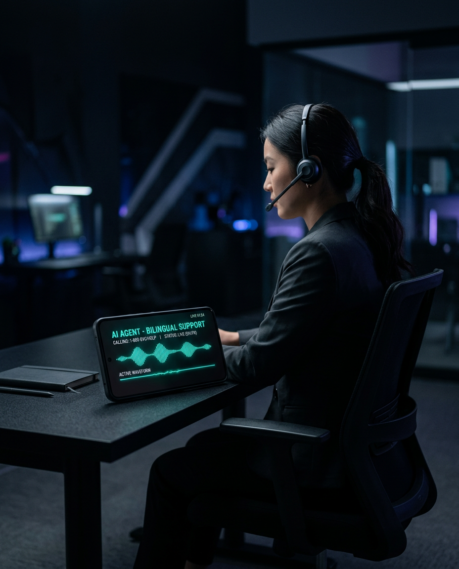 Bilingual AI call interface glowing on a tablet in a dark office