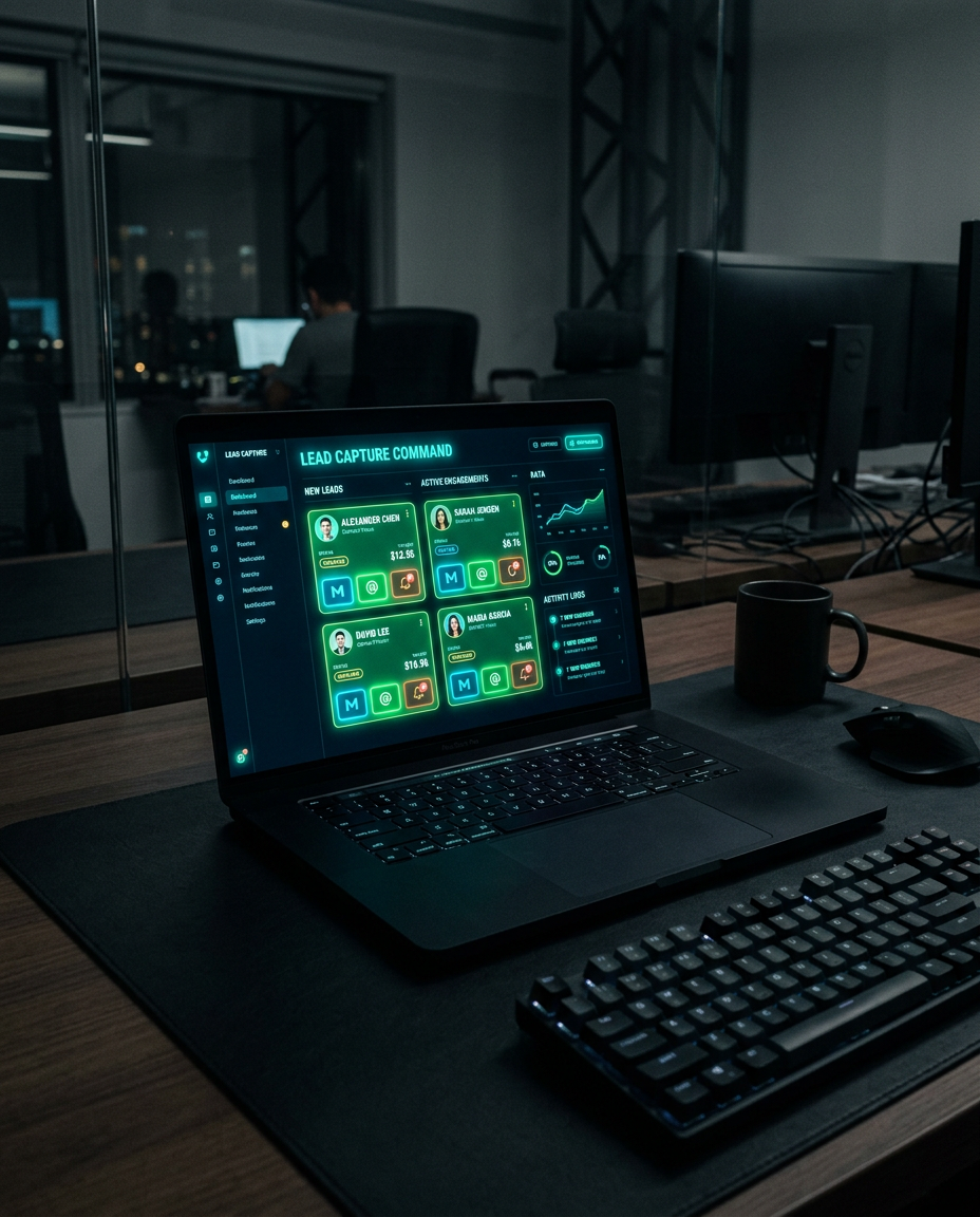 Lead capture dashboard on a laptop in a dark modern office