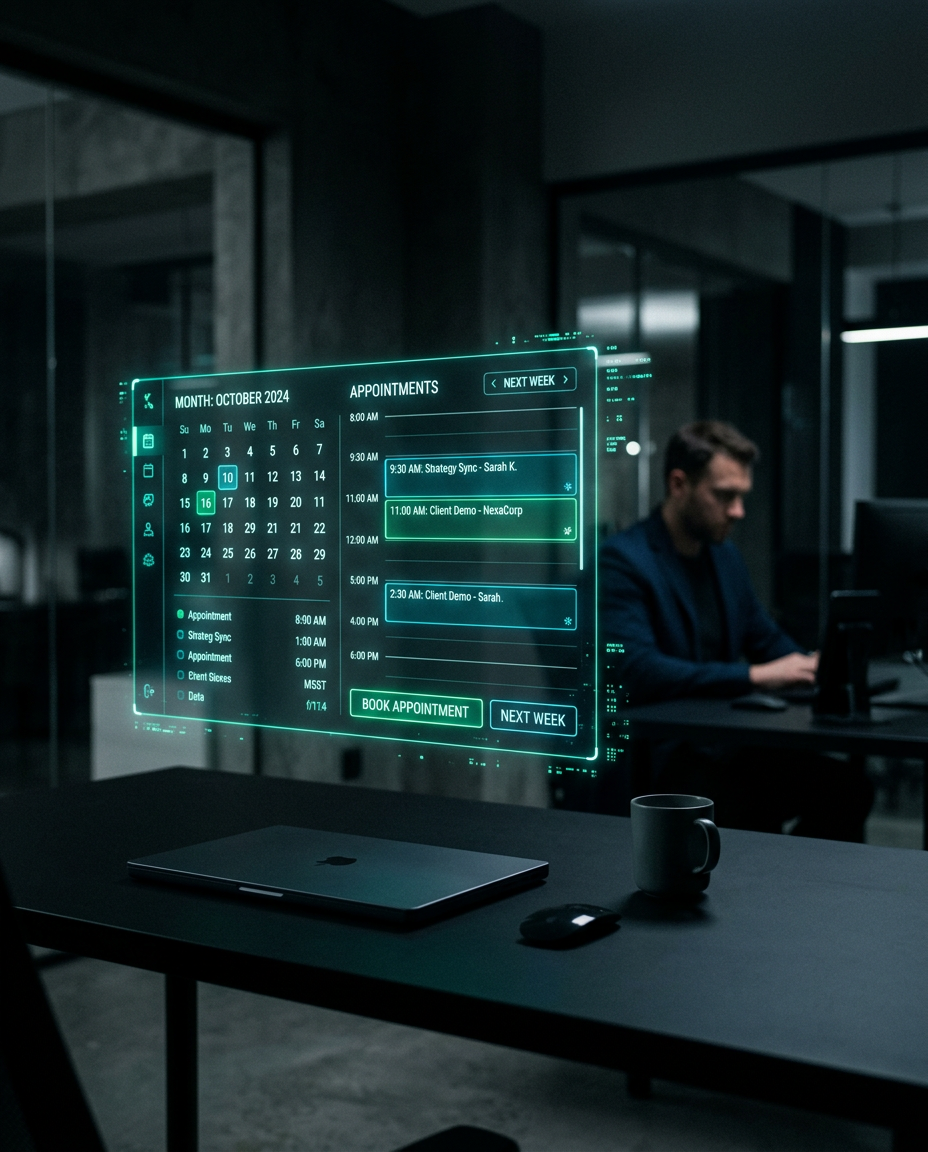 Holographic appointment calendar interface above a dark desk